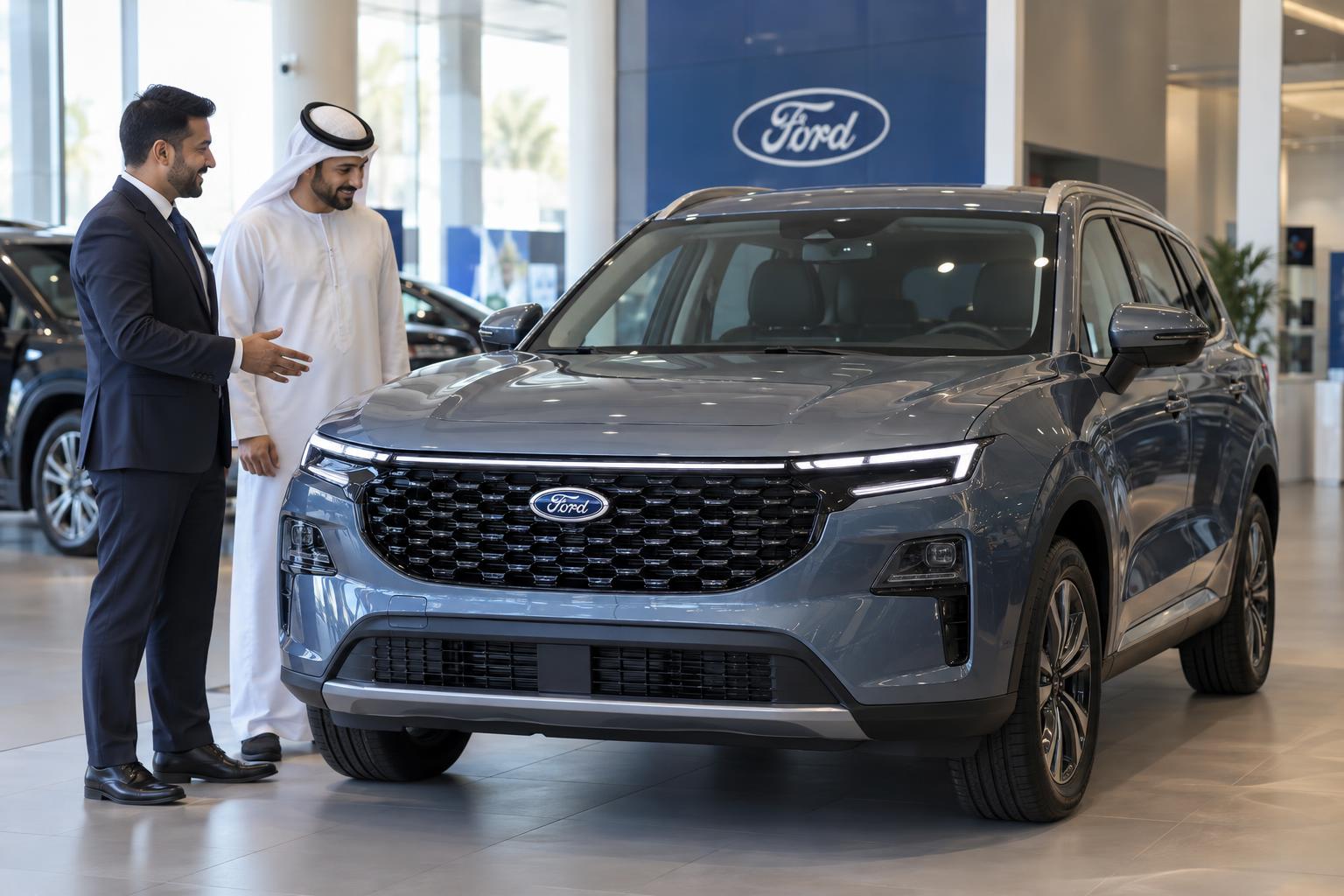 A buyer and dealership representative beside a 2026 Ford Territory Hybrid in a UAE delivery area.