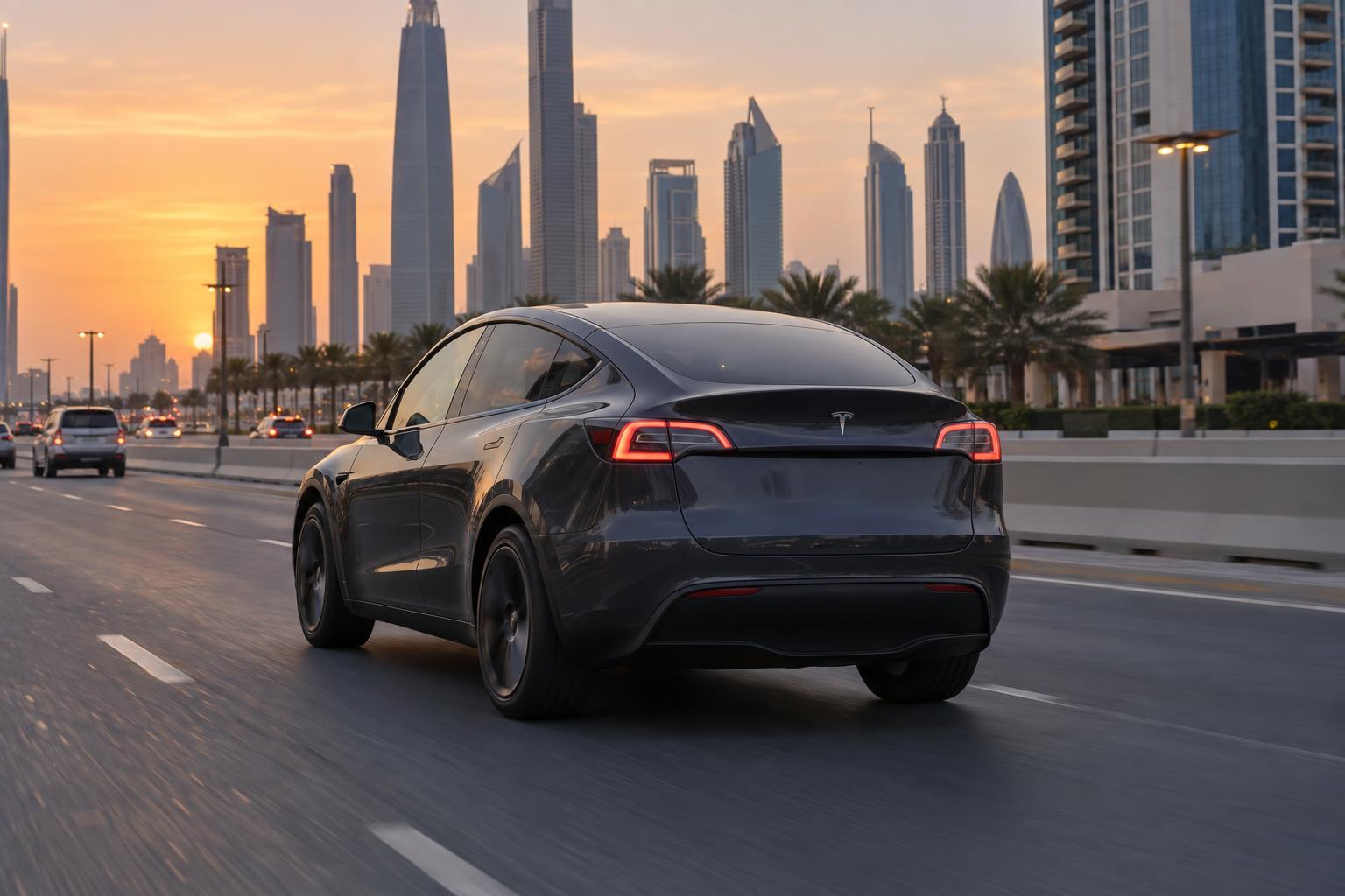 Tesla Model Y driving through a modern Gulf city district at dusk.
