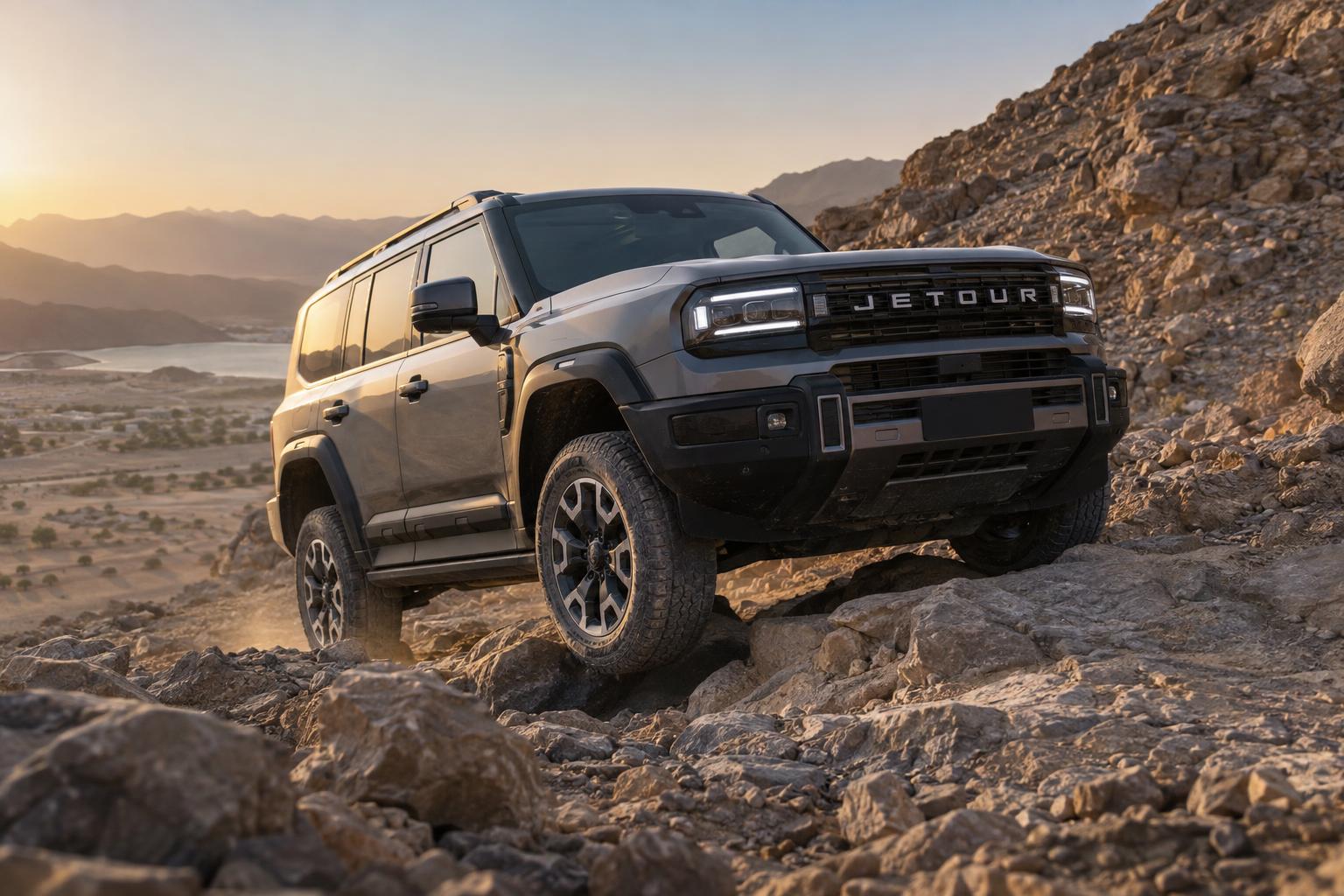 Jetour G700 TopFire climbing a rocky desert trail with its suspension articulated.
