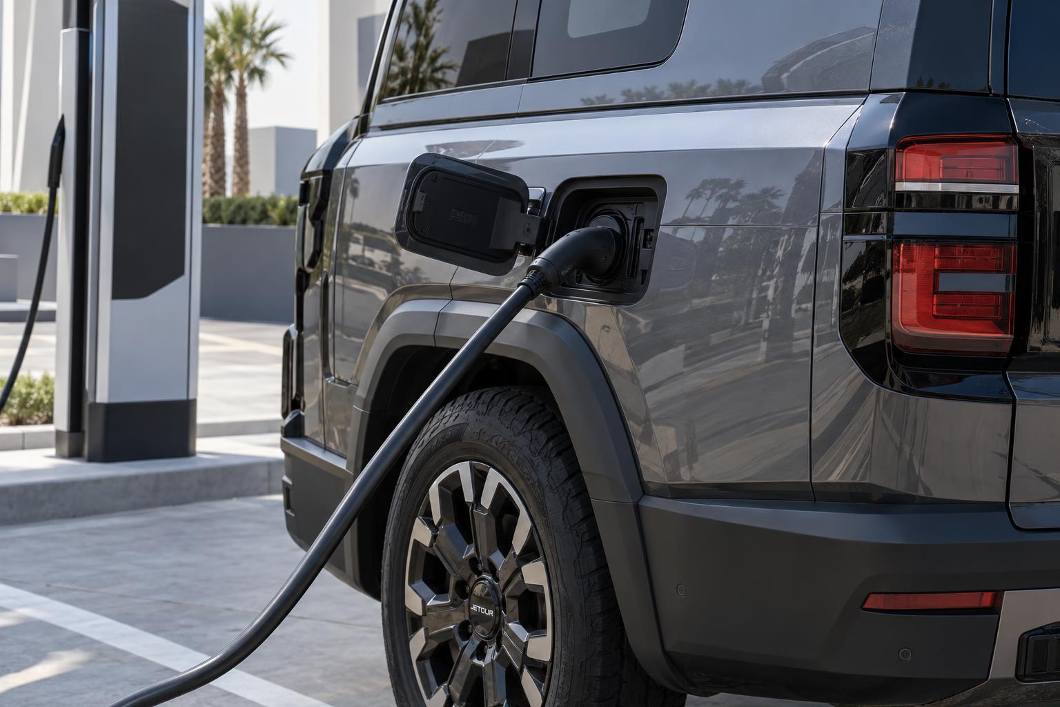 A charging cable connected to the Jetour G700 TopFire plug-in hybrid SUV.