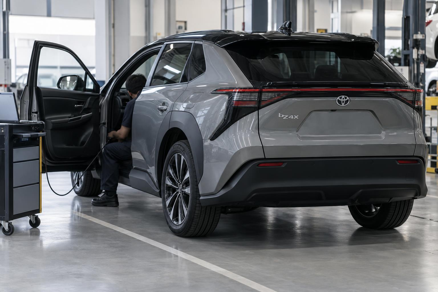 A technician connects diagnostic equipment to a Toyota bZ4X in a service workshop.