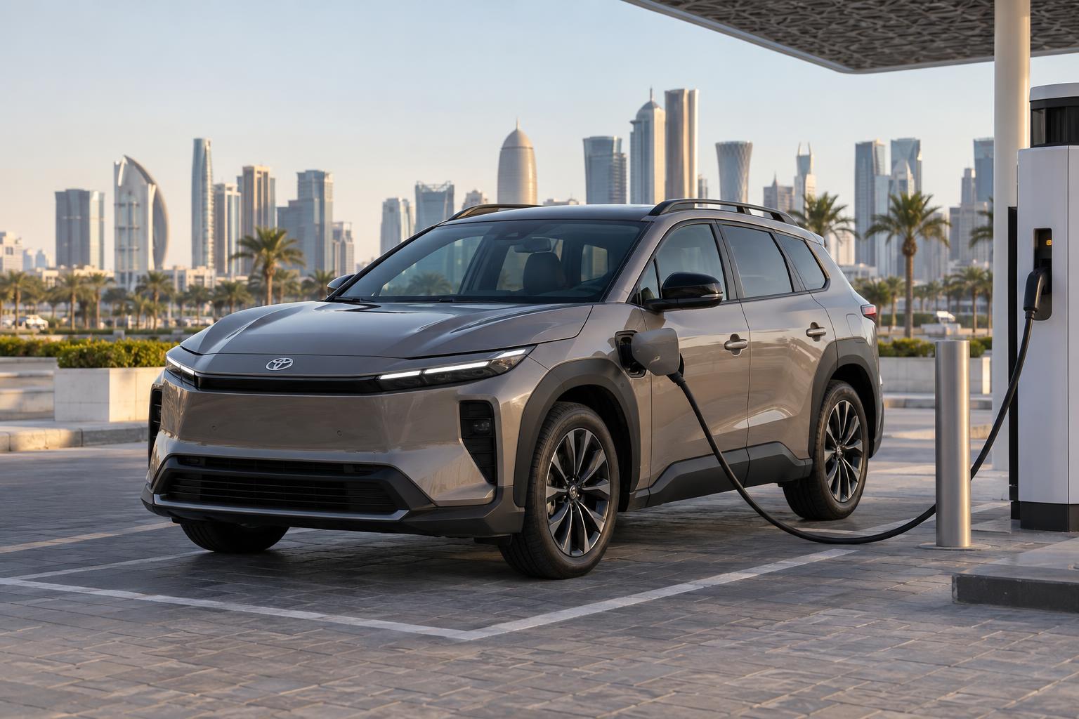 Toyota bZ4X Touring electric SUV connected to a public charger in Doha.