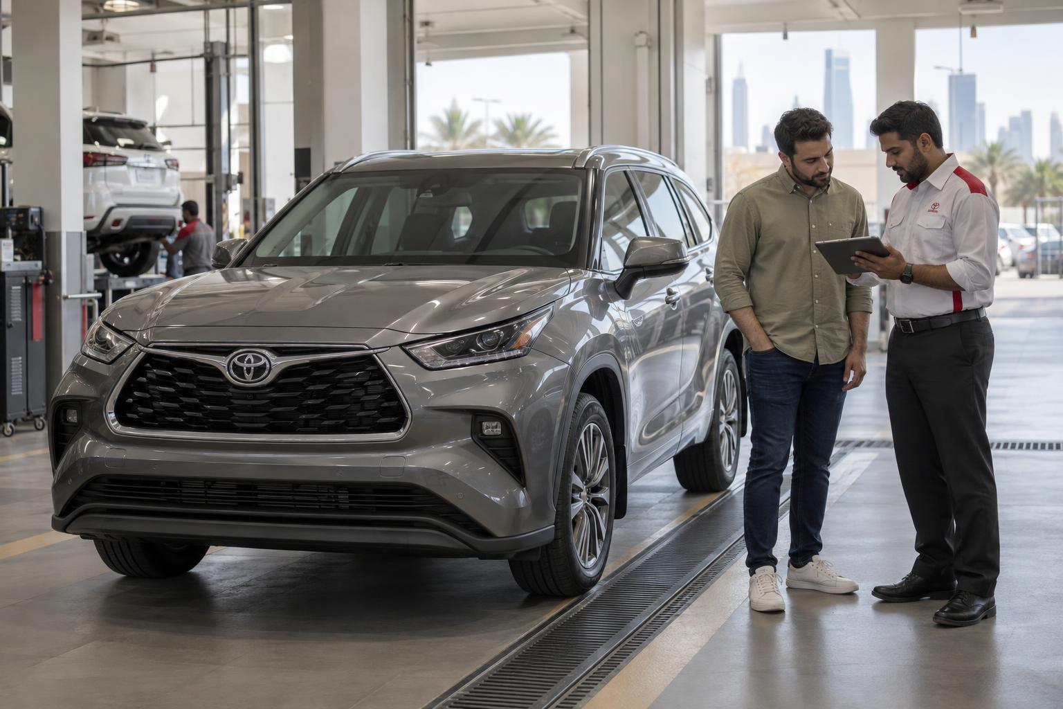 Toyota Highlander owner speaking with a service adviser at a UAE dealership.