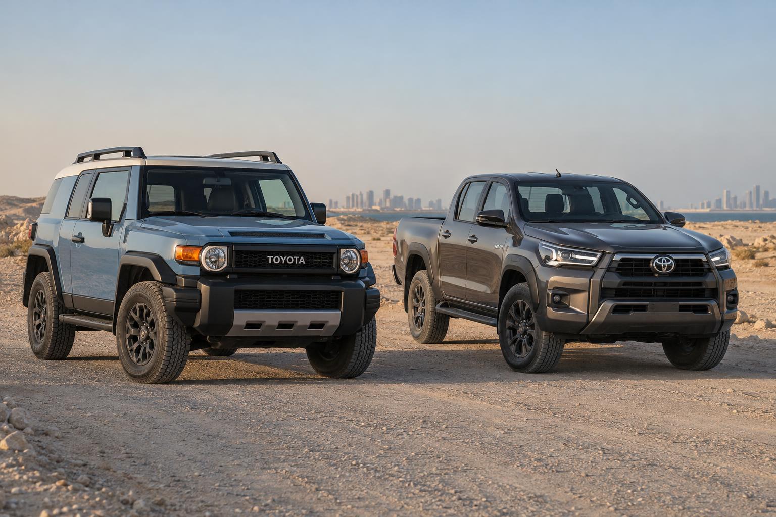 Toyota Land Cruiser FJ SUV and ninth-generation Hilux pickup on a desert access road near Doha.