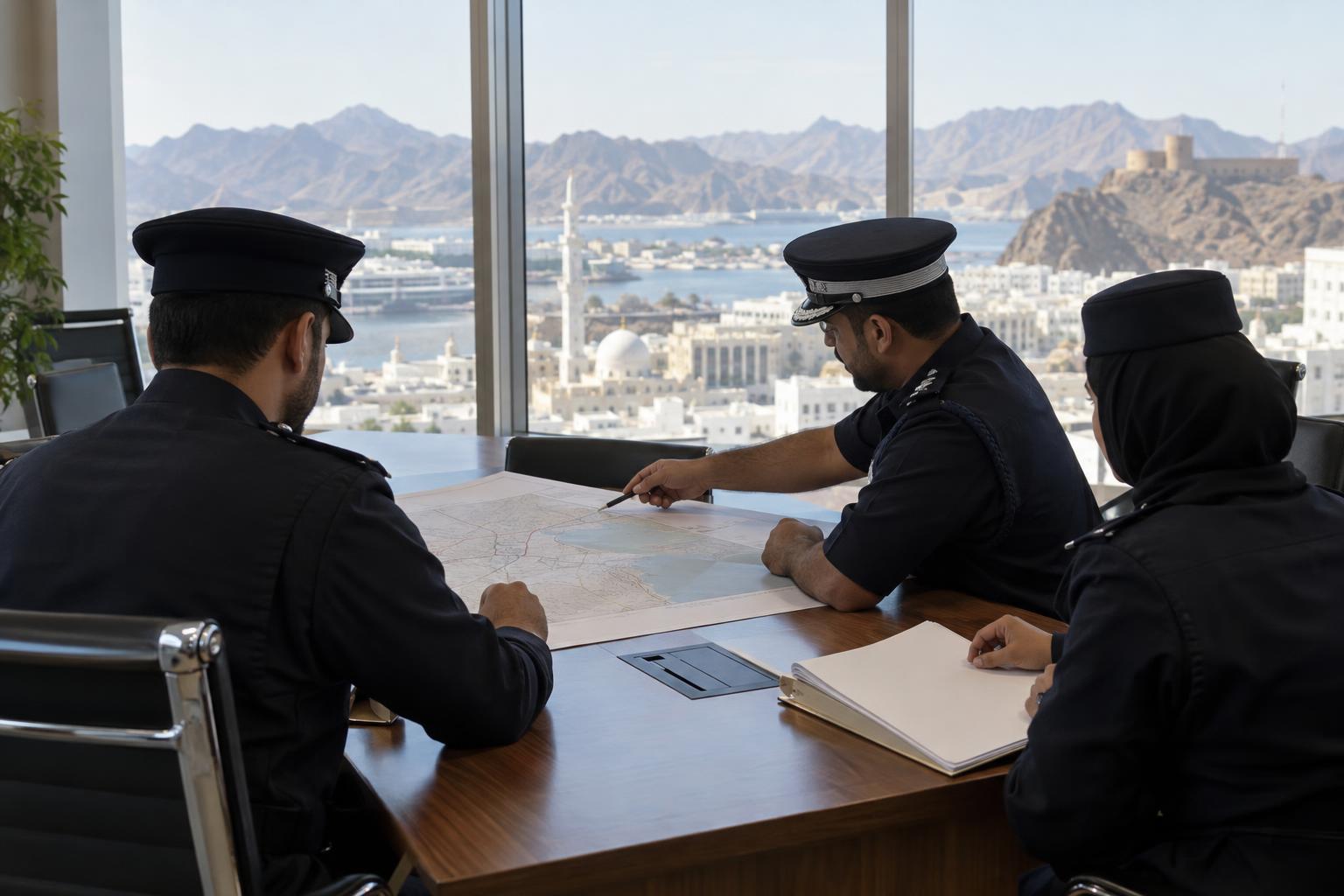 Traffic-safety officials reviewing material around a conference table in Oman.