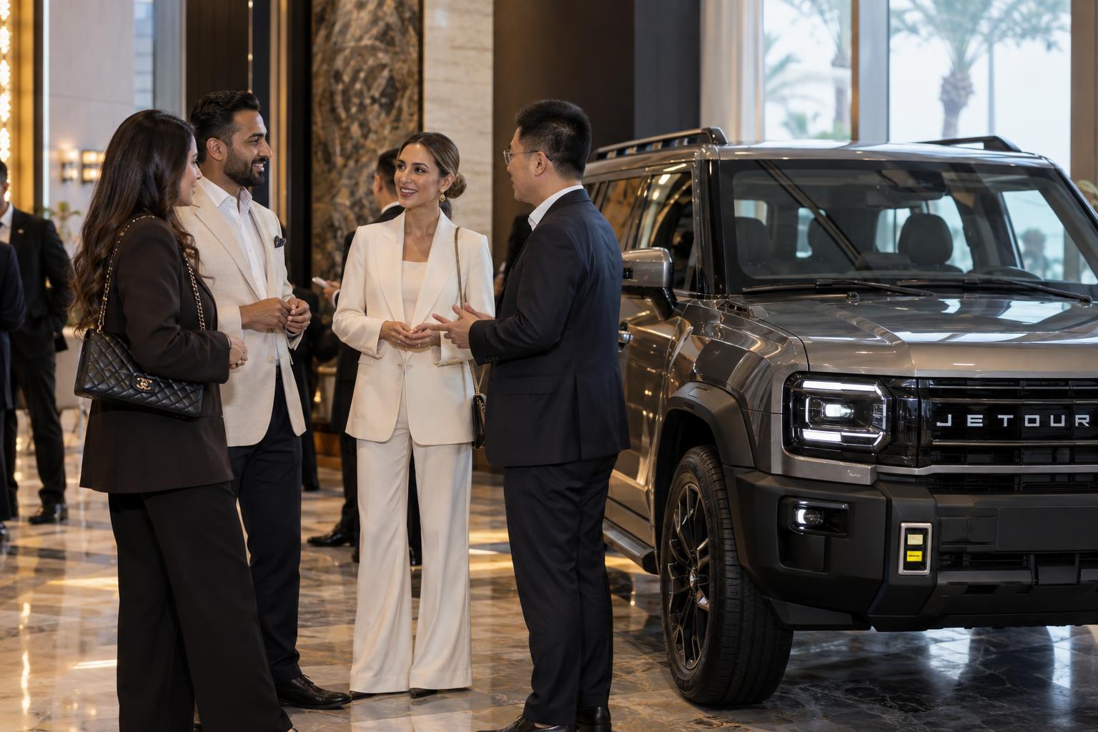Travel industry guests gather beside a JETOUR vehicle at an indoor Dubai event.