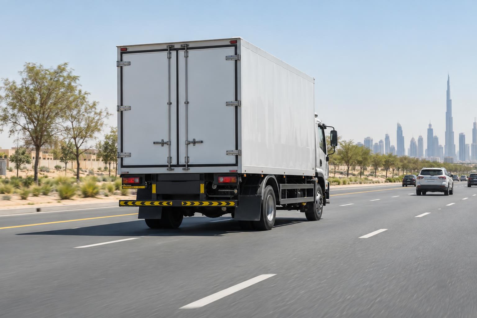 An unbranded box truck on a broad Dubai arterial representing Al Qudra Street.