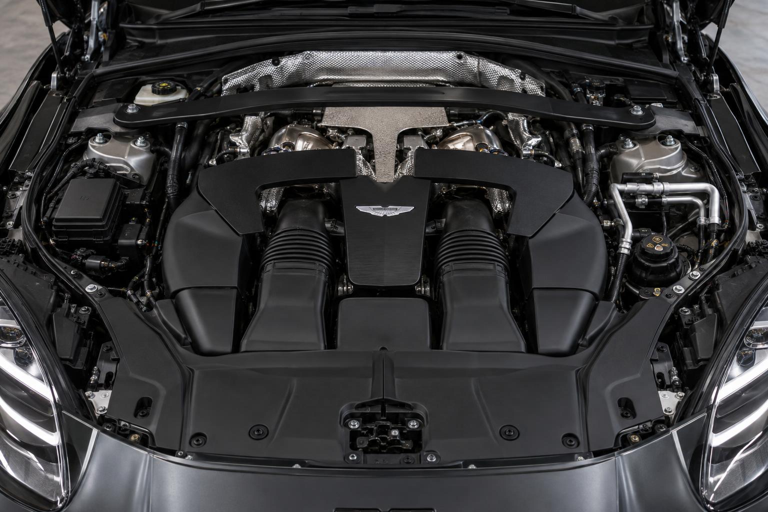 Close-up of the DBX GT's factory twin-turbo V8 engine bay.