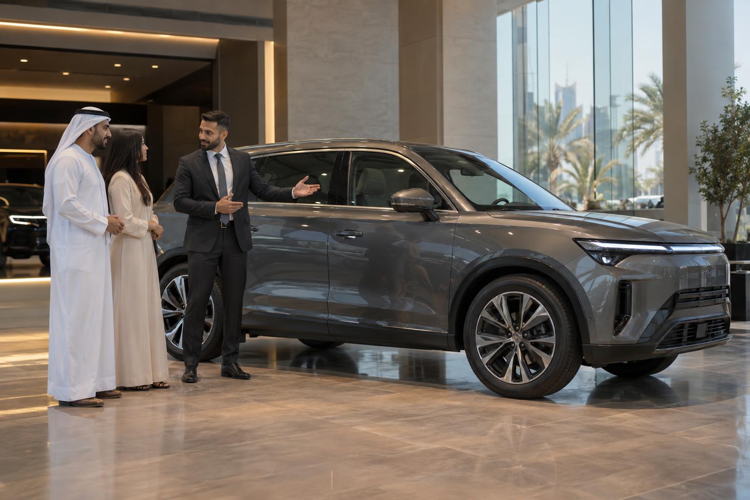 Dealership staff speaking with a customer beside an unbranded SUV in a premium showroom.