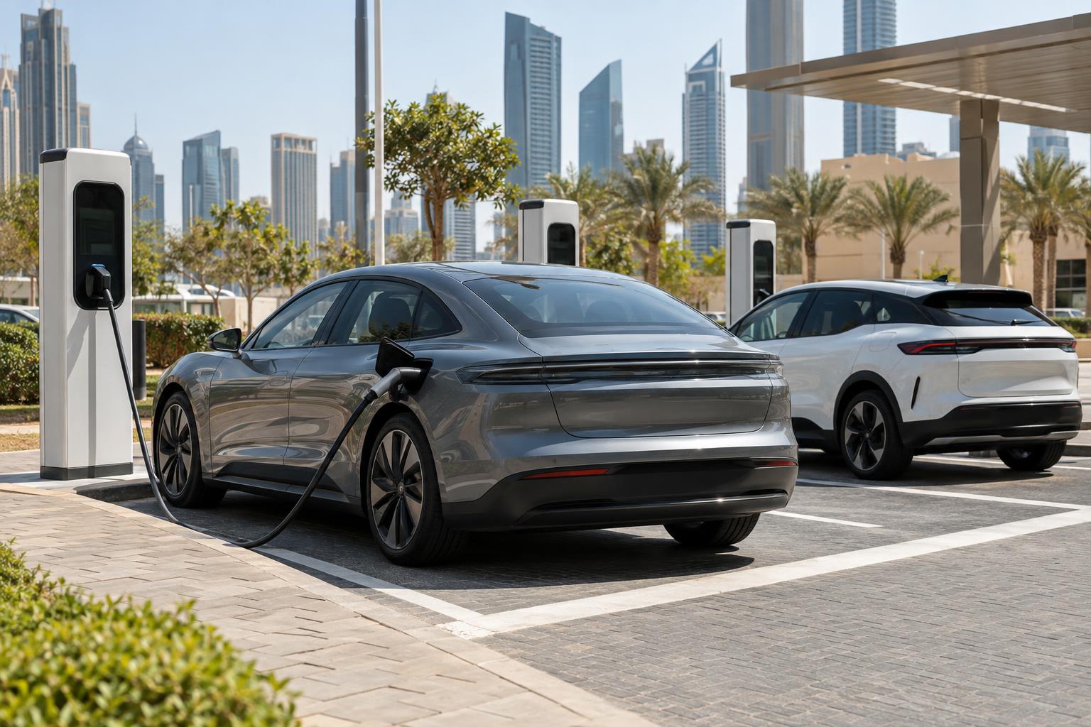 Public EV chargers serving electric cars in a clean UAE urban parking area.