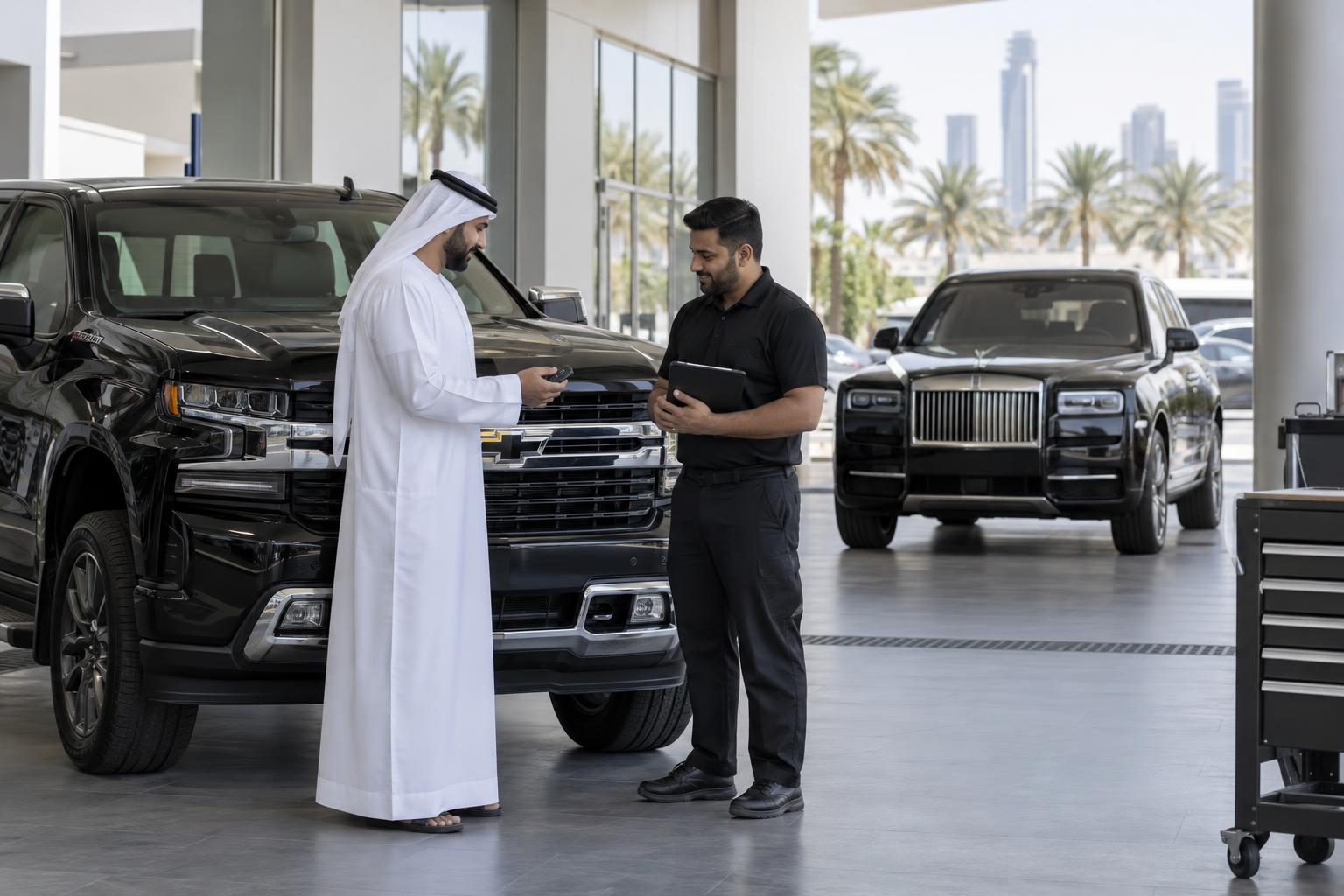 A vehicle owner speaking with a service adviser at a UAE dealership.