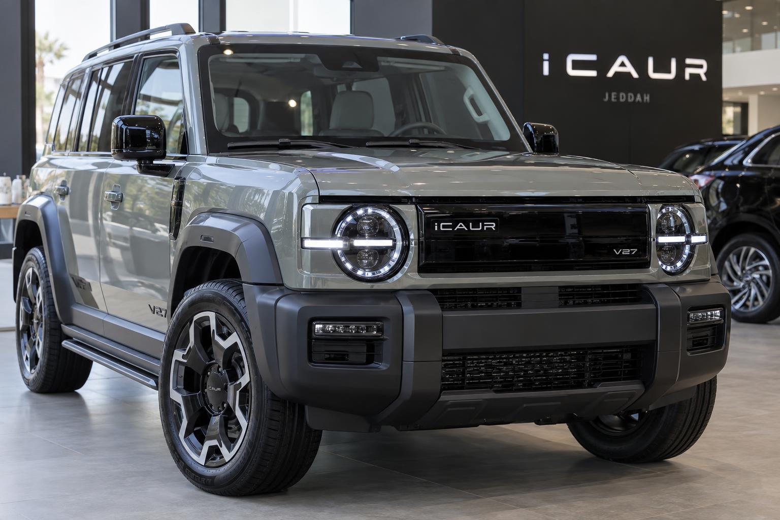 Close front three-quarter view of the updated iCAUR V27 displayed at the Jeddah opening.