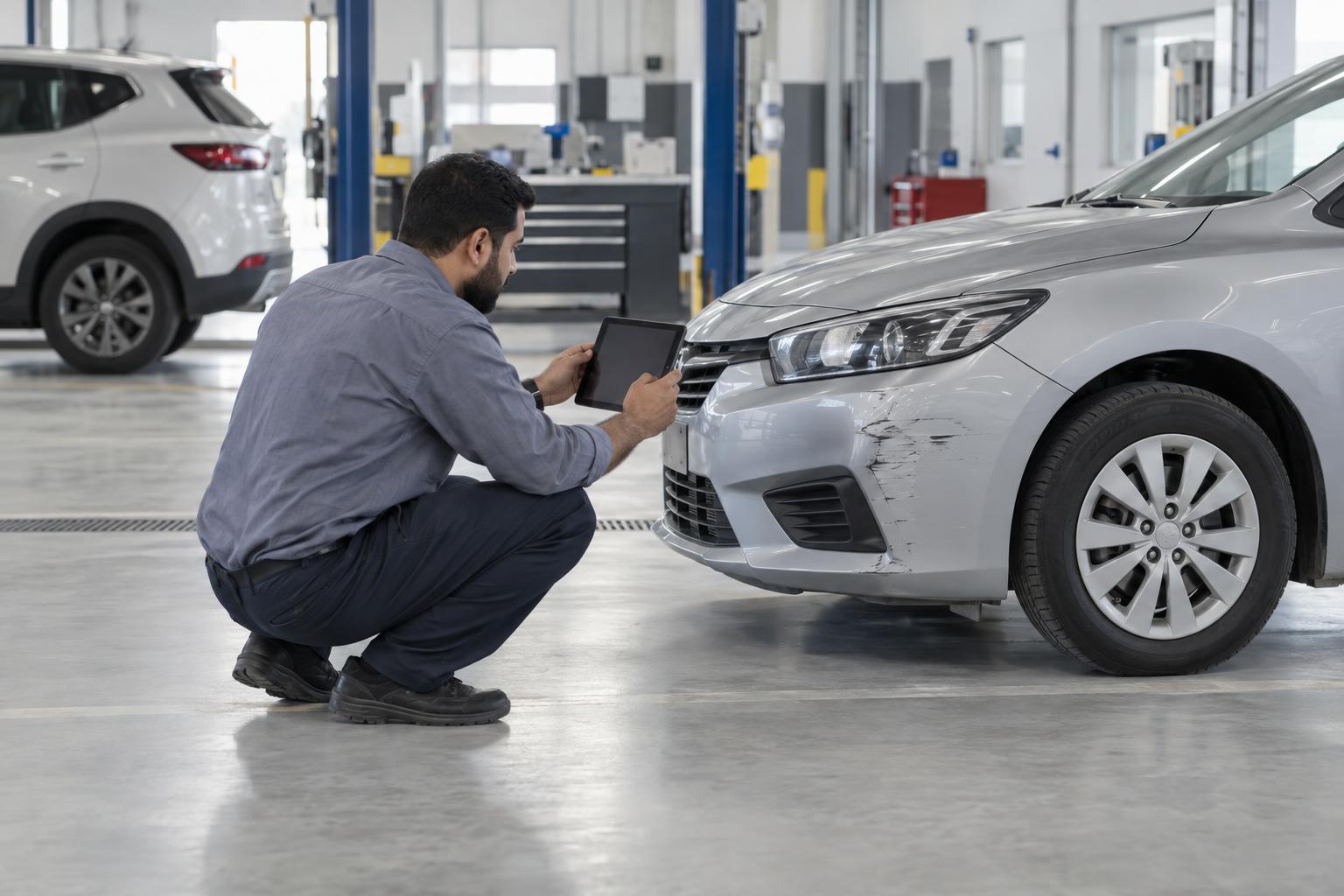 A claims assessor inspecting minor bumper damage on a car in a vehicle assessment bay.