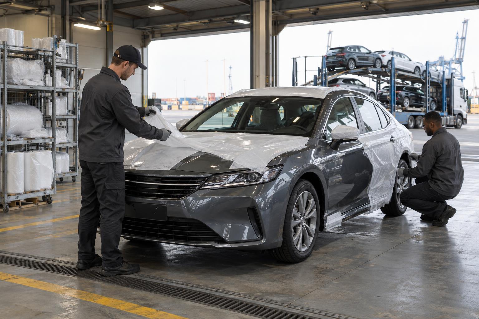 Technicians prepare a new car in a covered automotive logistics processing bay.