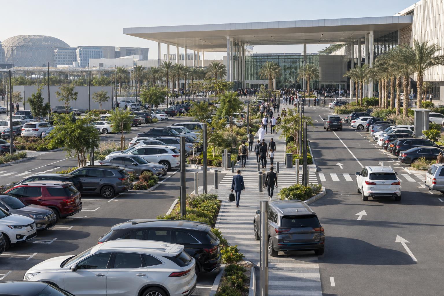 A busy but orderly parking and arrival area outside Dubai Exhibition Centre.
