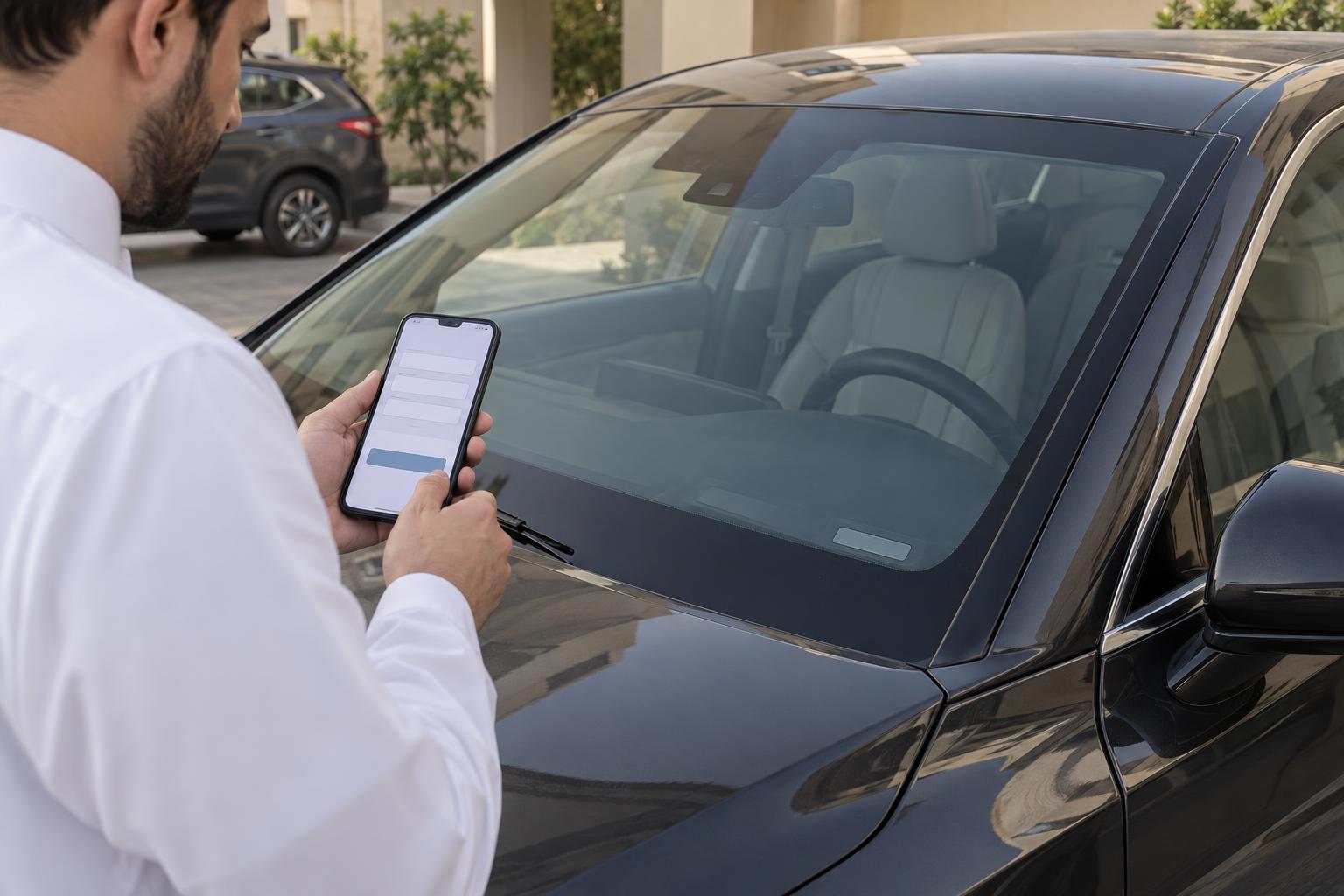 An Azera owner using a phone beside the windshield identification area to check recall eligibility.