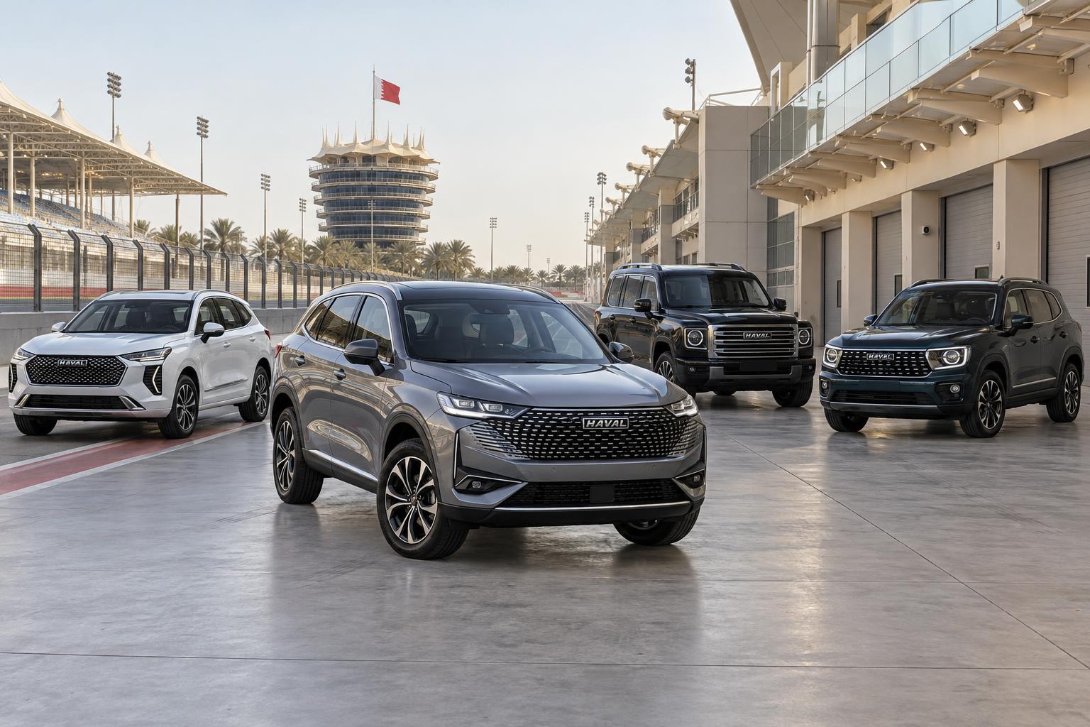 Haval H6, H7, H9 and Jolion SUVs displayed together at the Bahrain launch event.