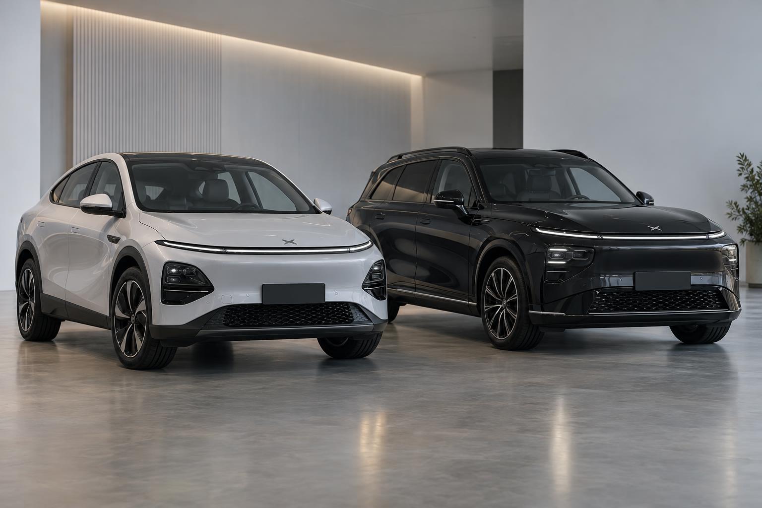 An XPeng G6 and XPeng G9 displayed side by side in an unbranded indoor vehicle space.
