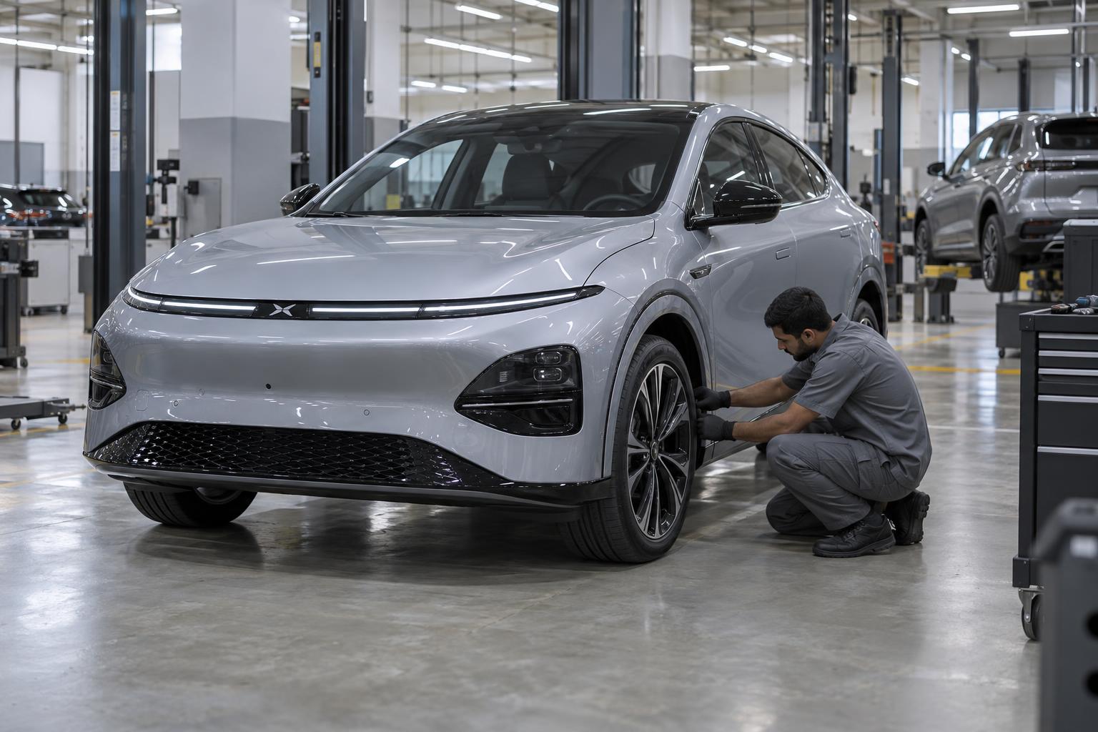 A technician checks the wheel area of an XPeng G6 in a modern electric vehicle service bay.
