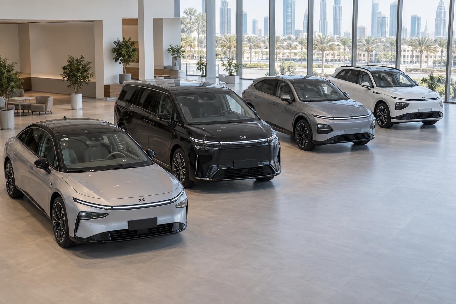 Four XPENG vehicles, the P7+, X9, G6 and G9, displayed in a UAE showroom.