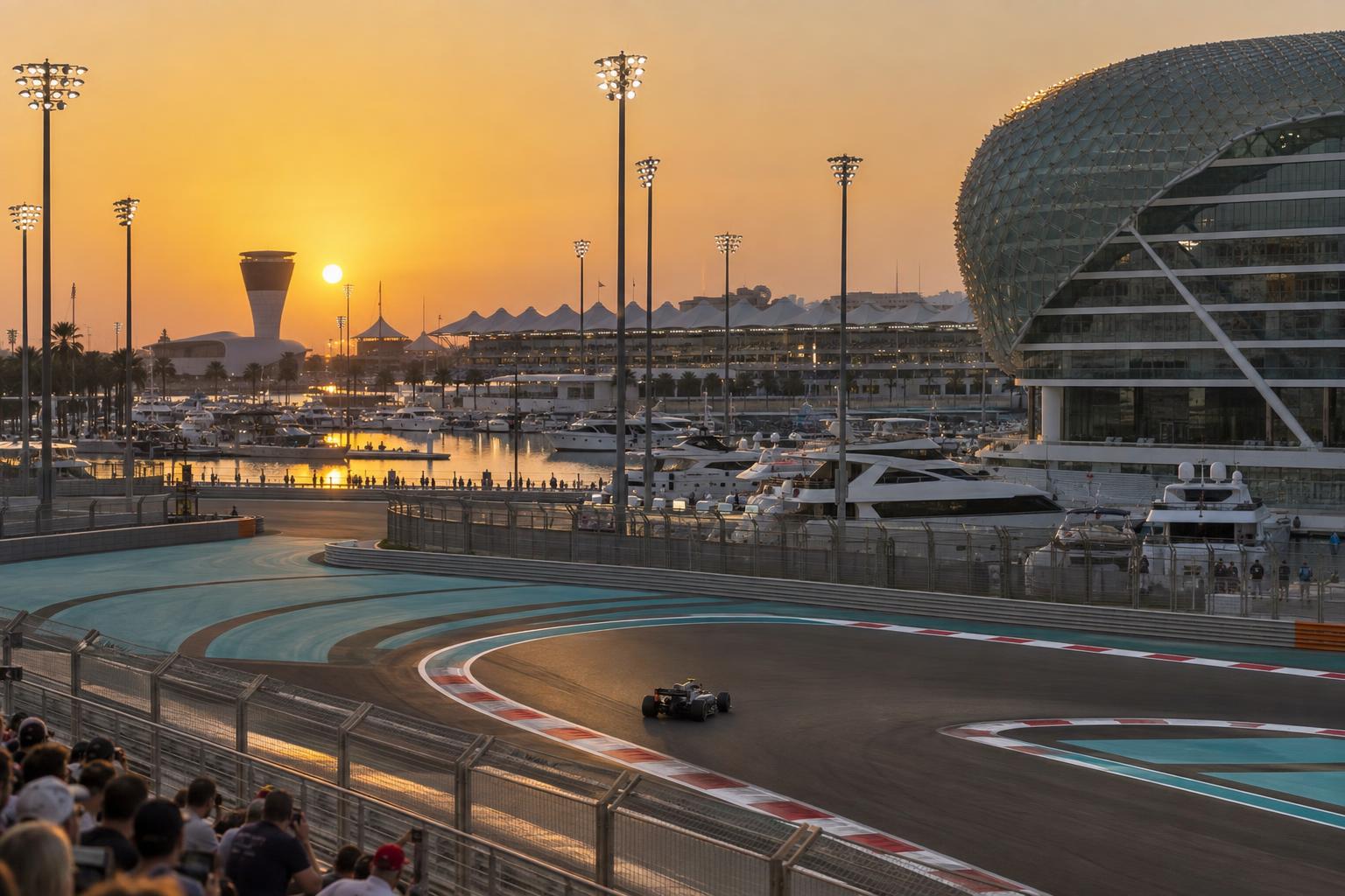 A Formula 1 car rounds a corner at Yas Marina Circuit as the sun sets over Abu Dhabi.