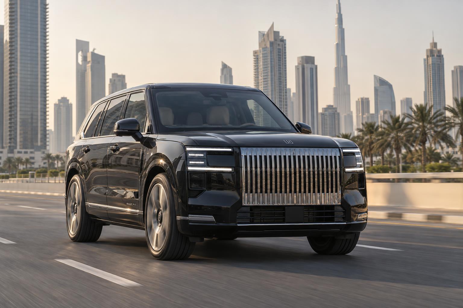Front three-quarter view of the Zeekr 9X driving on a Dubai boulevard.