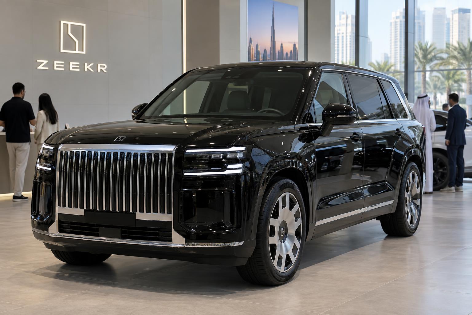 A Zeekr 9X displayed inside a contemporary Dubai showroom.