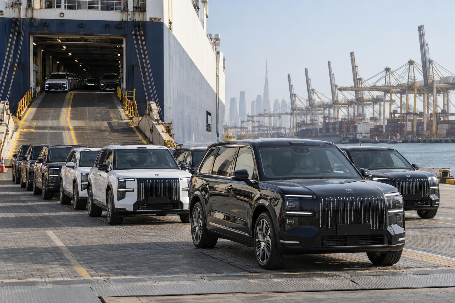 Rows of Zeekr 9X SUVs at Dubai's Jebel Ali Port during vehicle handling.