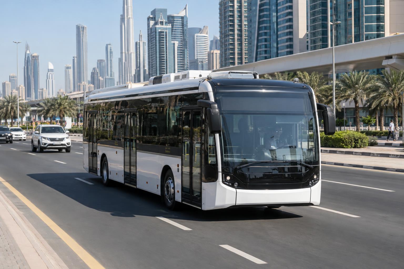 A battery-electric city bus travelling on a modern Dubai road.