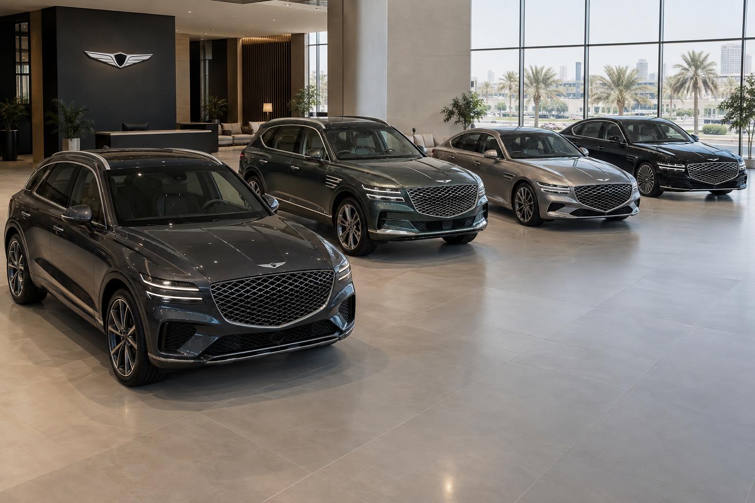Genesis GV70, GV80, G80 and G90 vehicles displayed in a Saudi showroom.