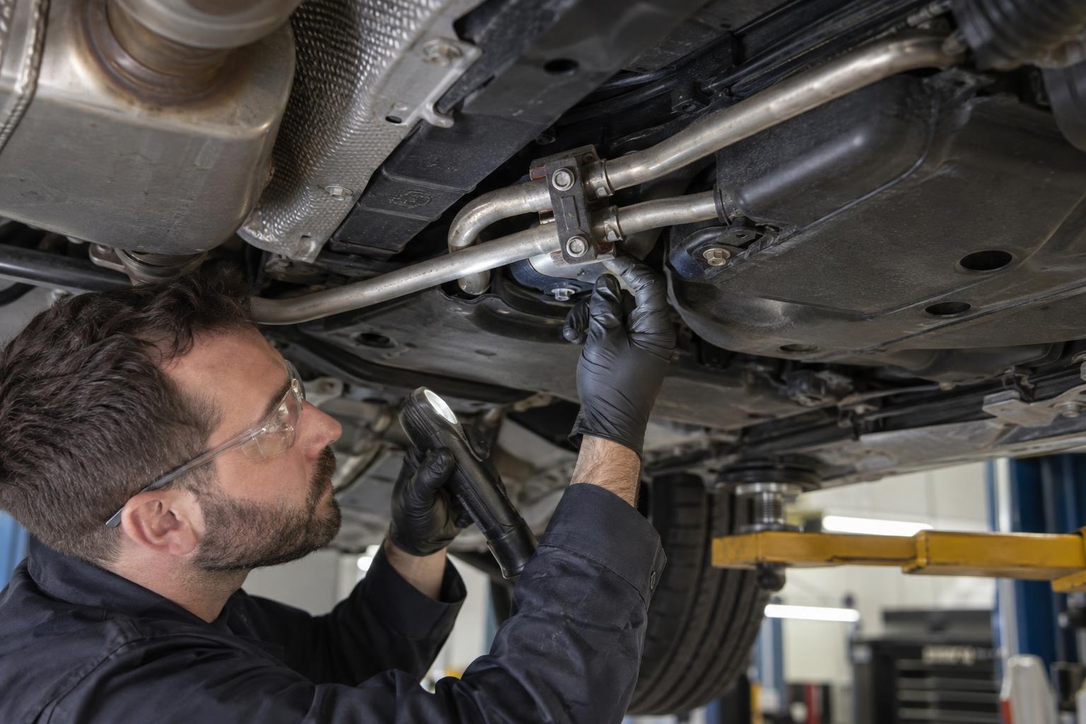 A technician checks a fuel line connection beneath a vehicle on a workshop lift.