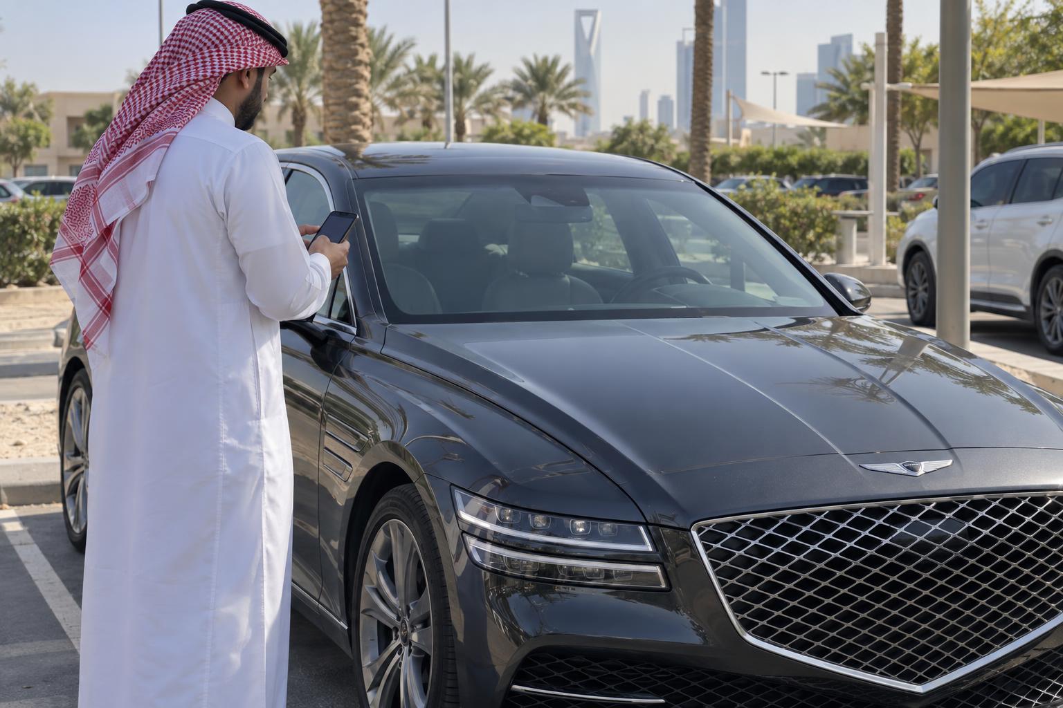 A Genesis owner uses a smartphone beside their parked vehicle to check recall eligibility.