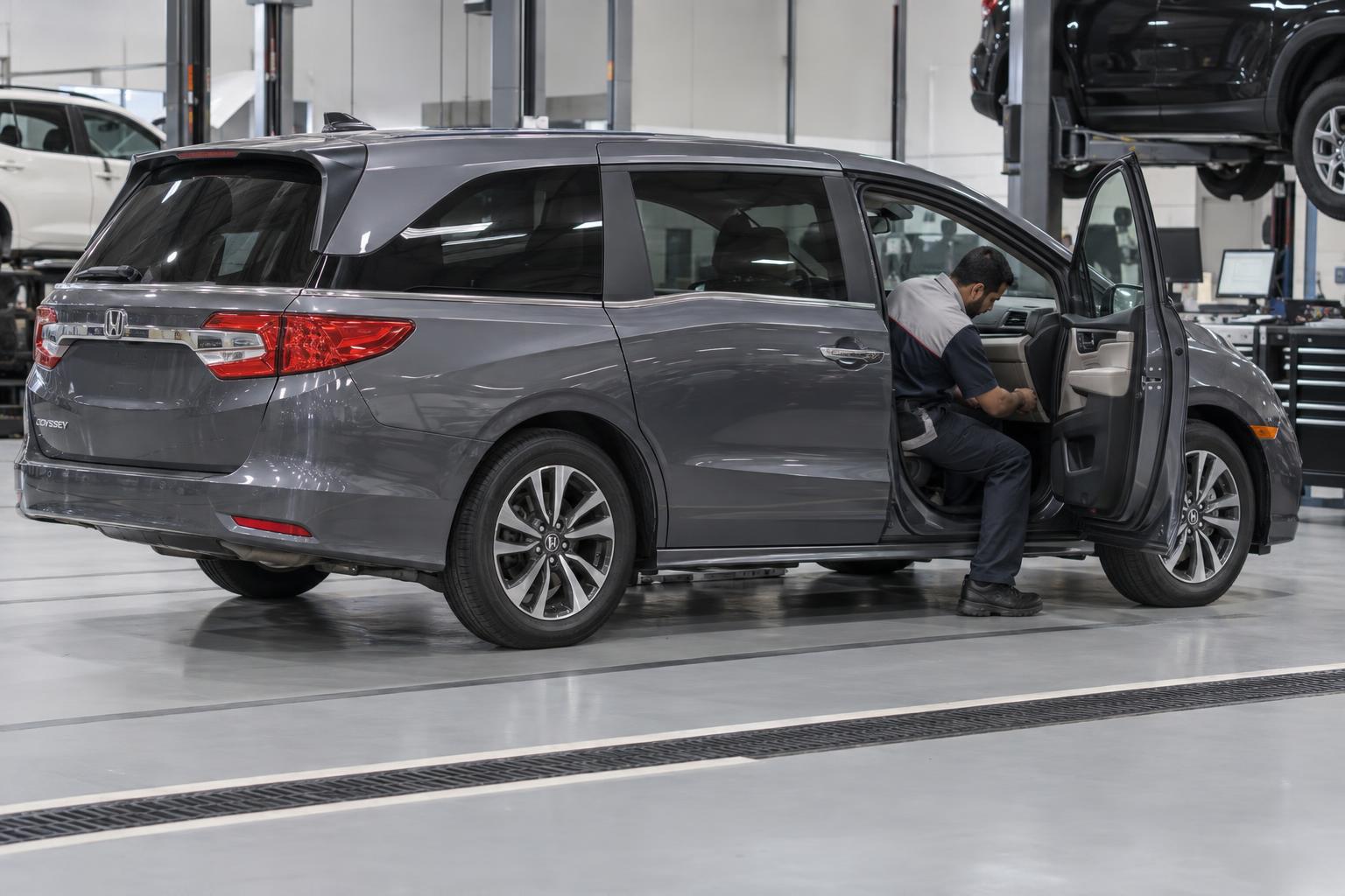 A Honda technician inspecting an Odyssey in a dealership service bay.