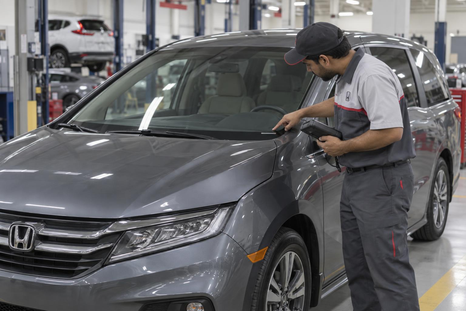 Technician checking a Honda Odyssey identification label during a service inspection.