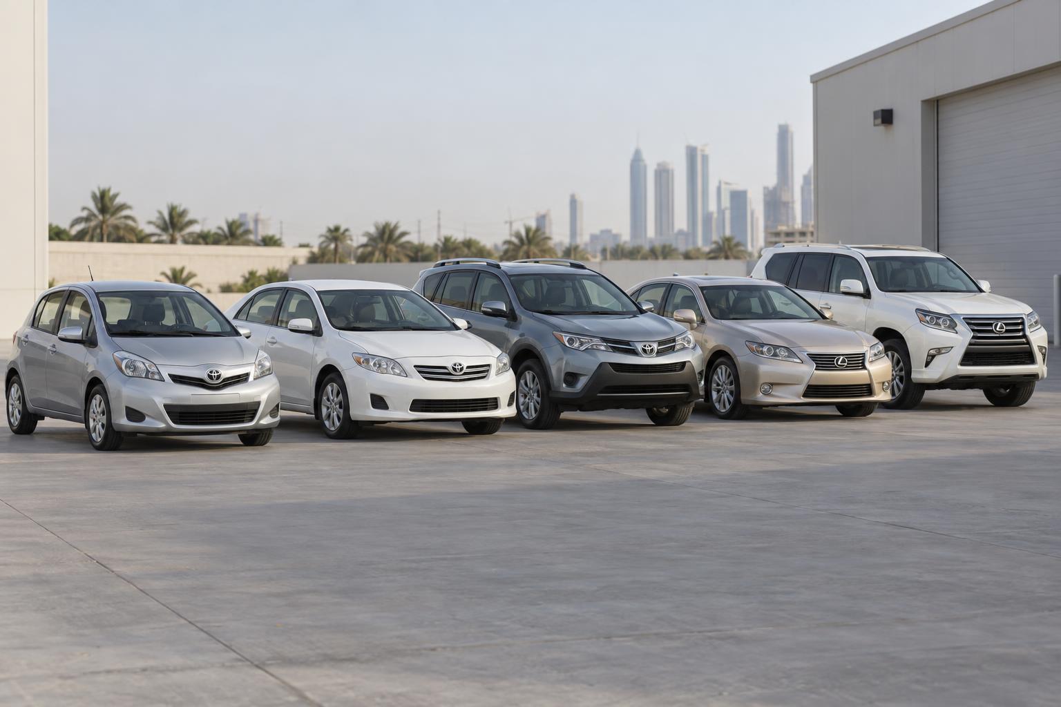 A lineup of older Toyota and Lexus cars and SUVs representative of models discussed in the recall campaign.