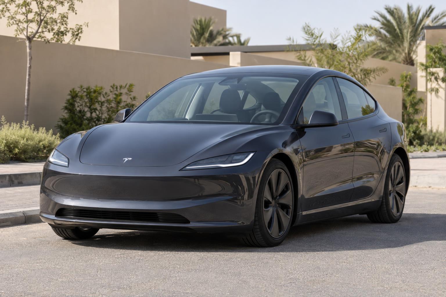 Front three-quarter view of a Tesla Model 3 in a Saudi parking area.