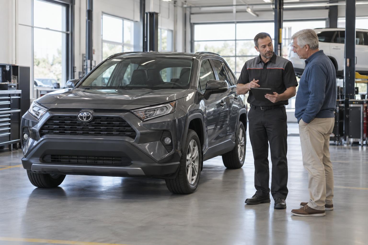 An owner speaks with a service adviser beside an older Toyota RAV4 in a workshop.