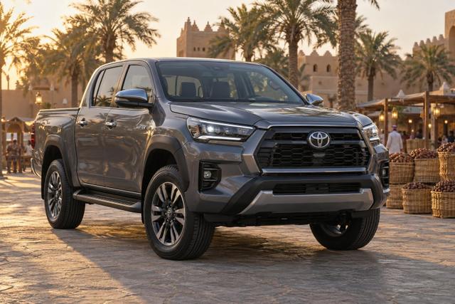 A 2027 Toyota Hilux displayed in an outdoor Saudi date festival setting with palm trees behind it.