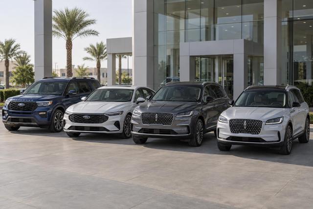 Four affected 2025 Ford and Lincoln models parked in a dealership forecourt.