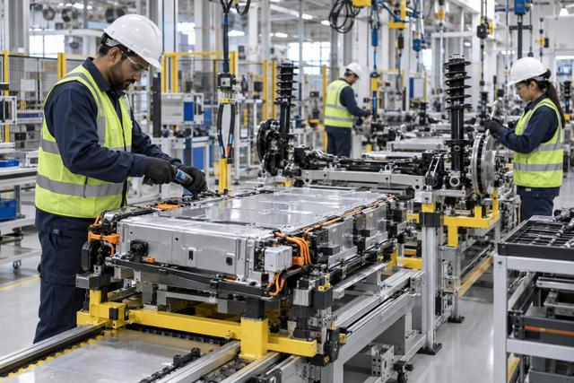 Technicians inspect unbranded battery packs and vehicle components on a modern assembly line.