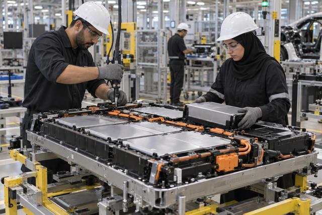 Technicians assembling an electric-vehicle battery pack at a factory workstation.