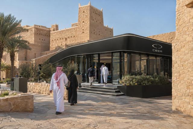 Visitors approach CEER's mobile retail store at Bujairi Terrace in Diriyah.
