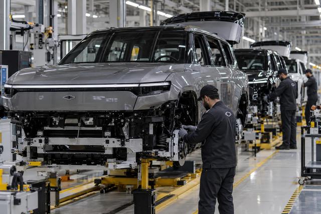 Workers and CEER EXOBOT vehicles on a modern Saudi automotive assembly line.