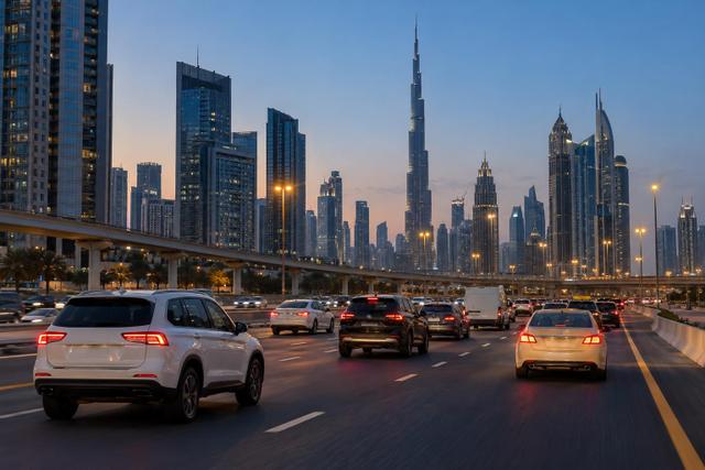 Evening traffic of cars, taxis and a delivery van moving through central Dubai near the skyline.