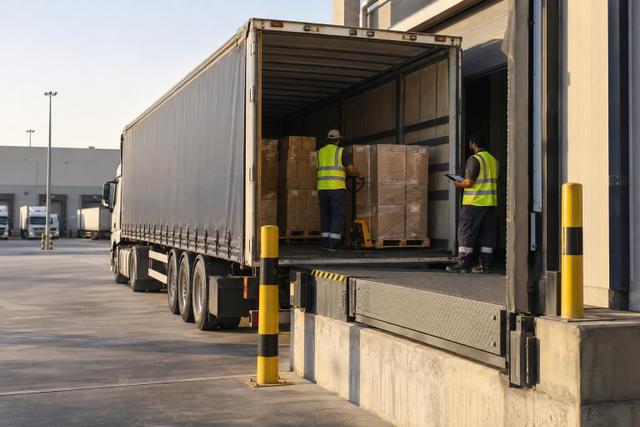 Workers loading plain cartons into an articulated freight trailer at a Gulf logistics depot.