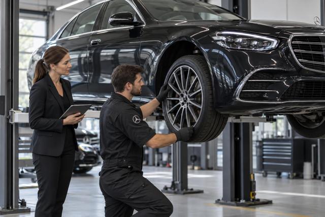 Mercedes S-Class receiving a front brake inspection at a dealership workshop.