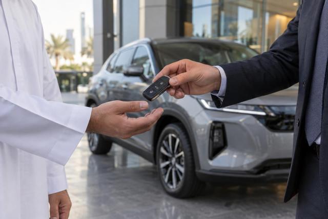 A customer receives a vehicle key fob during a new-car handover.