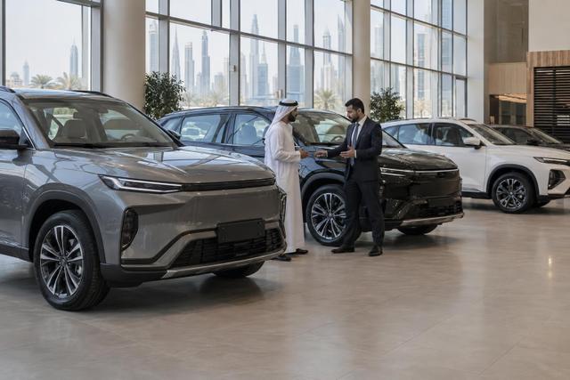 New vehicles prepared in a Dubai dealership delivery area as two people discuss a car.