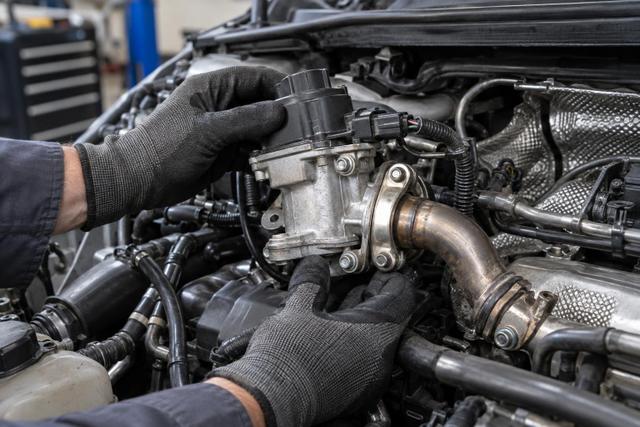 A technician inspecting an EGR valve assembly in an engine bay.