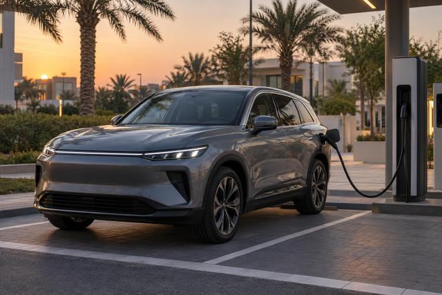 A premium electric SUV charges at a modern public charging hub in a Gulf city.